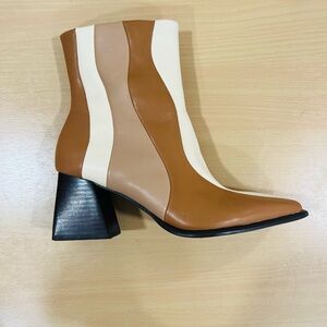 Gianni Bini Tan Holy Grail wavy pieced color block Leather Block heel booties